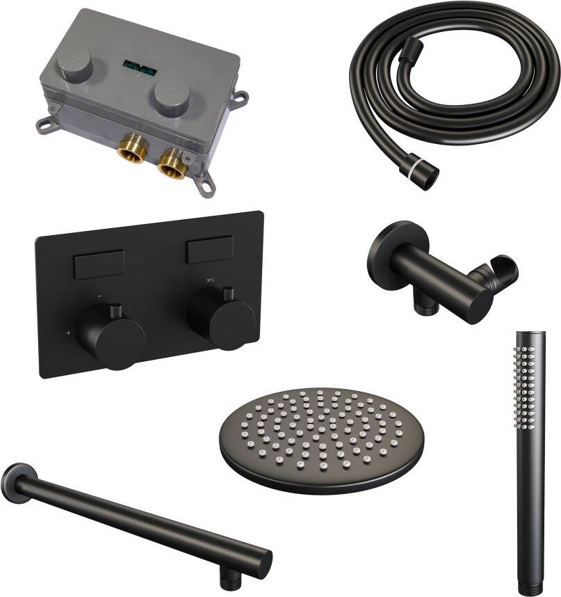 Brauer Black Edition thermostatische inbouw regendouche met drukknoppen SET 49 met 20 cm douchekop en rechte muurarm en staaf handdouche en doucheslang en wandaansluitbocht mat zwart