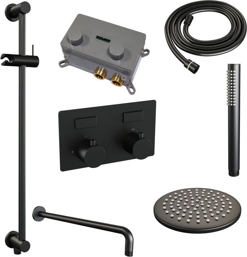 Brauer Black Edition thermostatische inbouw regendouche met drukknoppen SET 63 met 20 cm douchekop en gebogen muurarm en staaf handdouche en doucheslang en geïntegreerde glijstang mat zwart