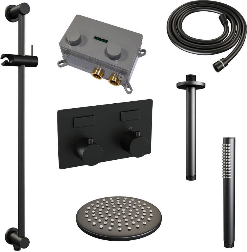 Brauer Black Edition thermostatische inbouw regendouche met drukknoppen SET 65 met 20 cm douchekop en plafondarm en staaf handdouche en doucheslang en geïntegreerde glijstang mat zwart