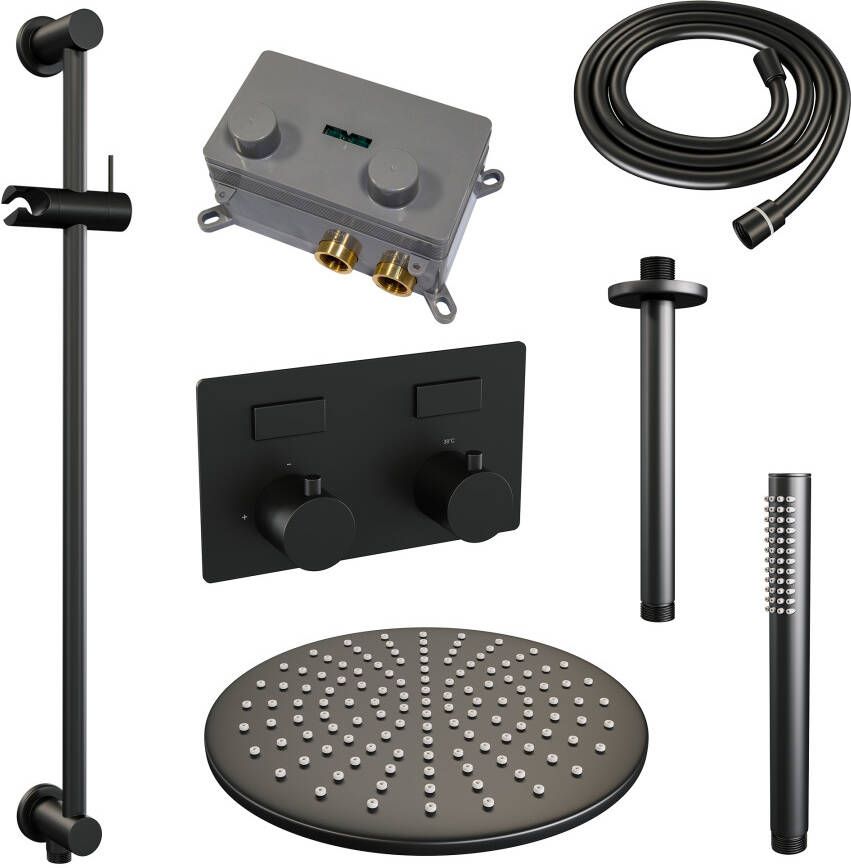 Brauer Black Edition thermostatische inbouw regendouche met drukknoppen SET 66 met 30 cm douchekop en plafondarm en staaf handdouche en doucheslang en geïntegreerde glijstang mat zwart