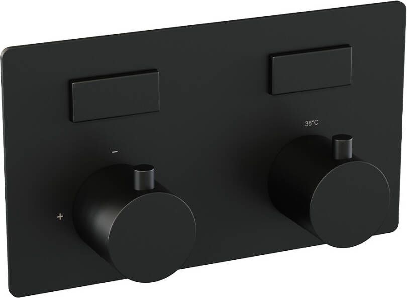 Brauer Black Edition thermostatische inbouw regendouche met drukknoppen SET 69 met 20 cm douchekop en gebogen muurarm en 3-standen handdouche en doucheslang en geïntegreerde glijstang mat zwart