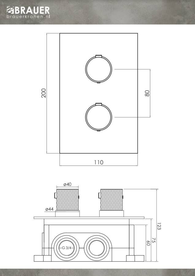 Brauer Brushed Carving 3-weg inbouwthermostaat RVS geborsteld PVD