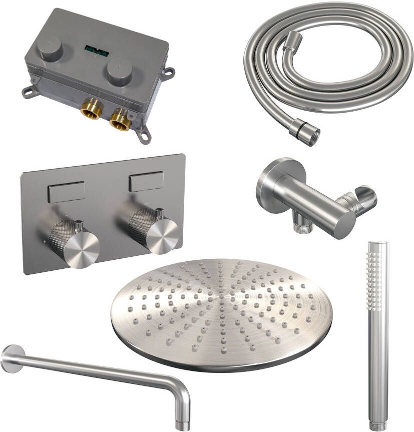 Brauer Brushed Carving thermostatische inbouw regendouche met drukknoppen SET 52 met 30 cm douchekop en gebogen muurarm en staaf handdouche en doucheslang en wandaansluitbocht RVS geborsteld PVD
