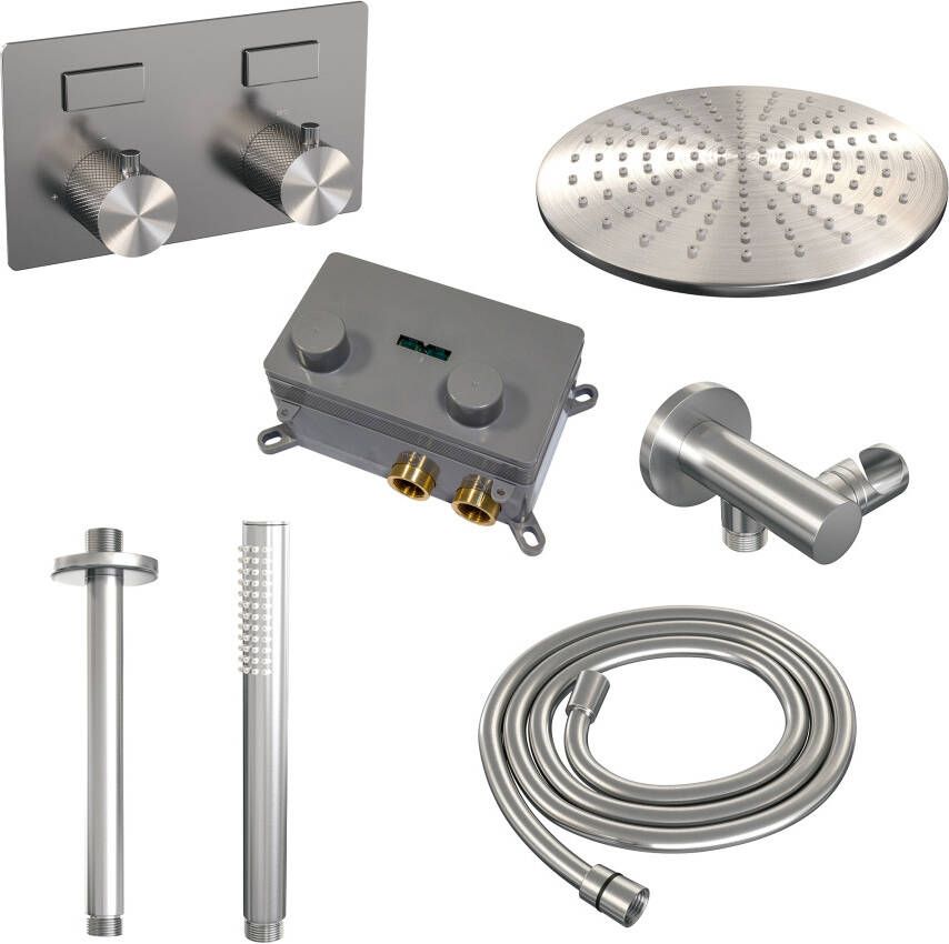 Brauer Brushed Carving thermostatische inbouw regendouche met drukknoppen SET 54 met 30 cm douchekop en plafondarm en staaf handdouche en doucheslang en wandaansluitbocht RVS geborsteld PVD