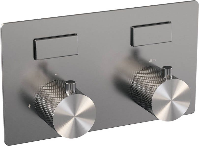 Brauer Brushed Carving thermostatische inbouw regendouche met drukknoppen SET 55 met 20 cm douchekop en rechte muurarm en 3-standen handdouche en doucheslang en wandaansluitbocht RVS geborsteld PVD