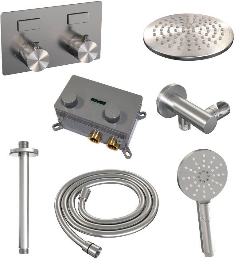 Brauer Brushed Carving thermostatische inbouw regendouche met drukknoppen SET 59 met 20 cm douchekop en plafondarm en 3-standen handdouche en doucheslang en wandaansluitbocht RVS geborsteld PVD
