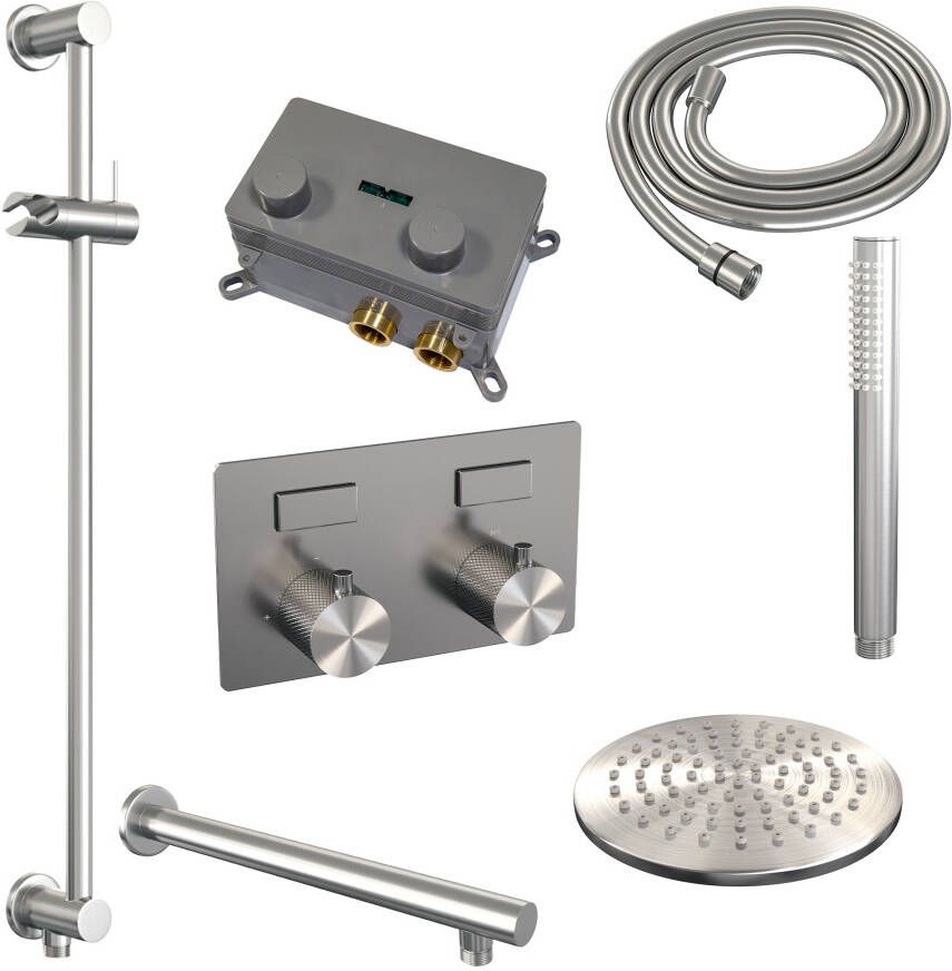 Brauer Brushed Carving thermostatische inbouw regendouche met drukknoppen SET 61 met 20 cm douchekop en rechte muurarm en staaf handdouche en doucheslang en geïntegreerde glijstang RVS geborsteld PVD