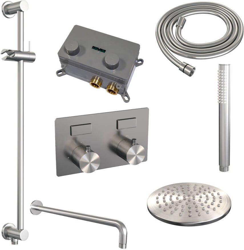 Brauer Brushed Carving thermostatische inbouw regendouche met drukknoppen SET 63 met 20 cm douchekop en gebogen muurarm en staaf handdouche en doucheslang en geïntegreerde glijstang RVS geborsteld PVD