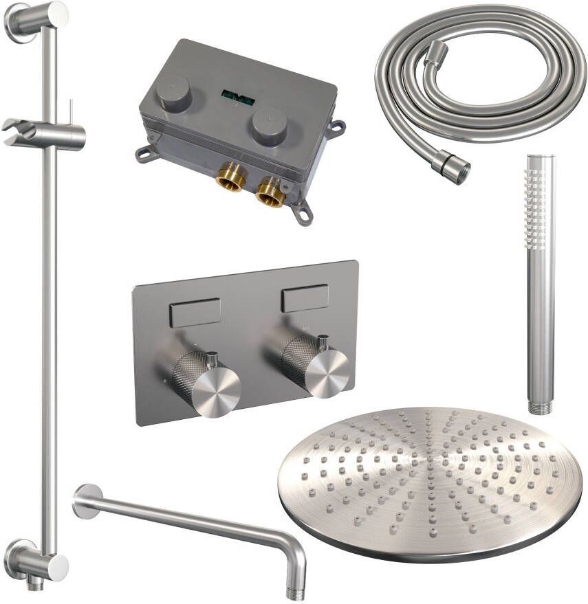 Brauer Brushed Carving thermostatische inbouw regendouche met drukknoppen SET 64 met 30 cm douchekop en gebogen muurarm en staaf handdouche en doucheslang en geïntegreerde glijstang RVS geborsteld PVD