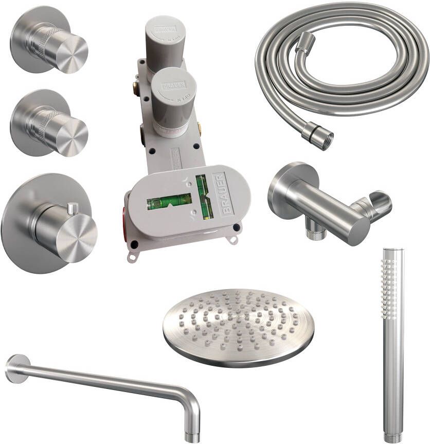 Brauer Brushed Edition thermostatische inbouw doucheset hoofddouche 20cm wandarm gebogen staafhanddouche met glijstang geborsteld RVS PVD
