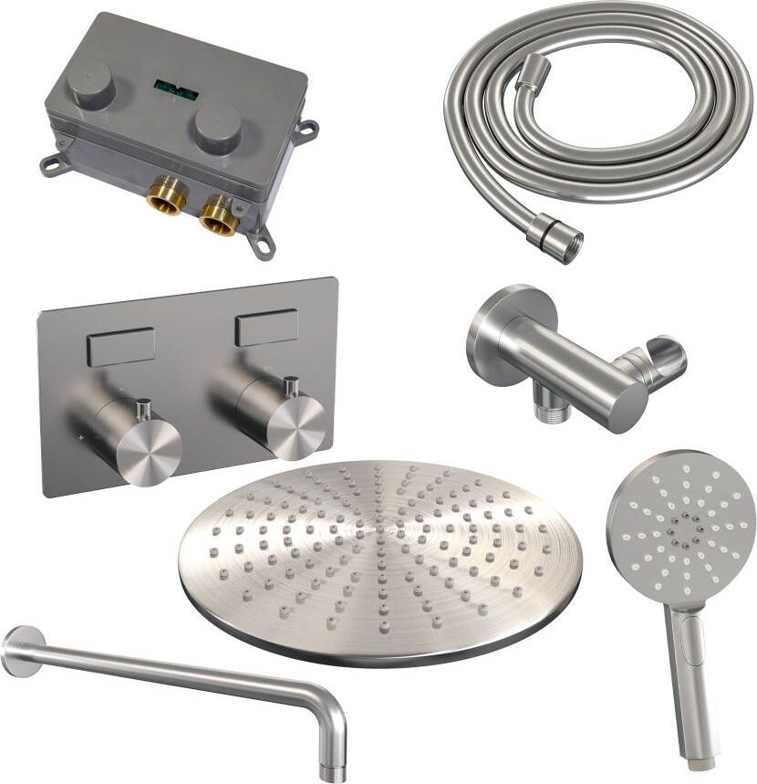 Brauer Brushed Edition thermostatische inbouw regendouche met drukknoppen SET 58 met 30 cm douchekop en gebogen muurarm en 3-standen handdouche en doucheslang en wandaansluitbocht RVS geborsteld PVD