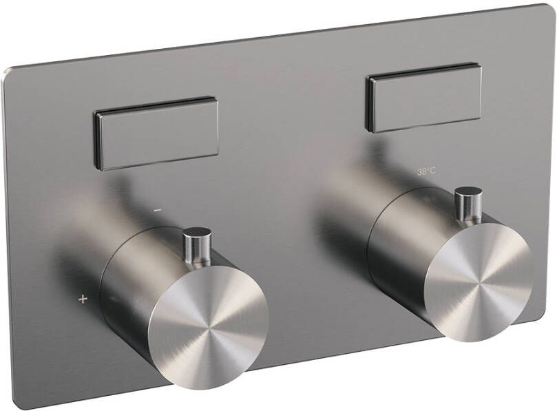 Brauer Brushed Edition thermostatische inbouw regendouche met drukknoppen SET 60 met 30 cm douchekop en plafondarm en 3-standen handdouche en doucheslang en wandaansluitbocht RVS geborsteld PVD