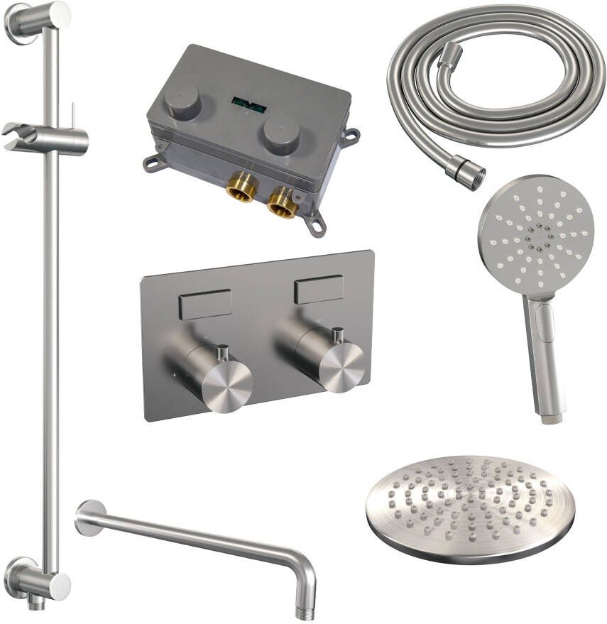 Brauer Brushed Edition thermostatische inbouw regendouche met drukknoppen SET 69 met 20 cm douchekop en gebogen muurarm en 3-standen handdouche en doucheslang en geïntegreerde glijstang RVS geborsteld PVD