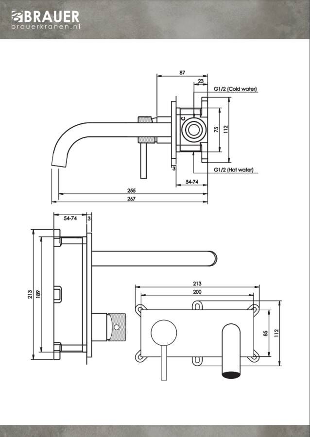 Brauer Chrome Carving inbouw wastafelkraan gebogen uitloop achterplaat hendel 1 links chroom