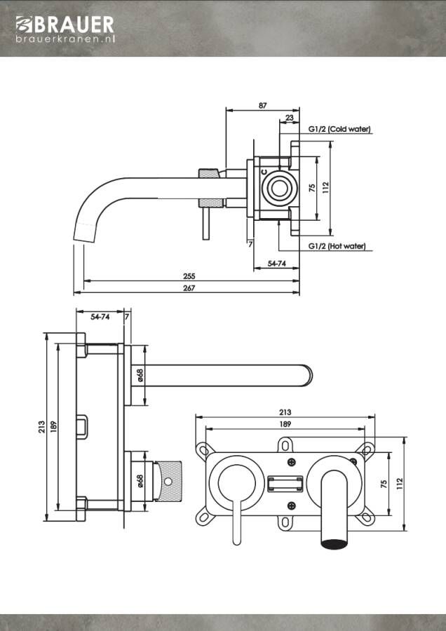 Brauer Chrome Carving inbouw wastafelkraan gebogen uitloop rozetten hendel 1 links chroom