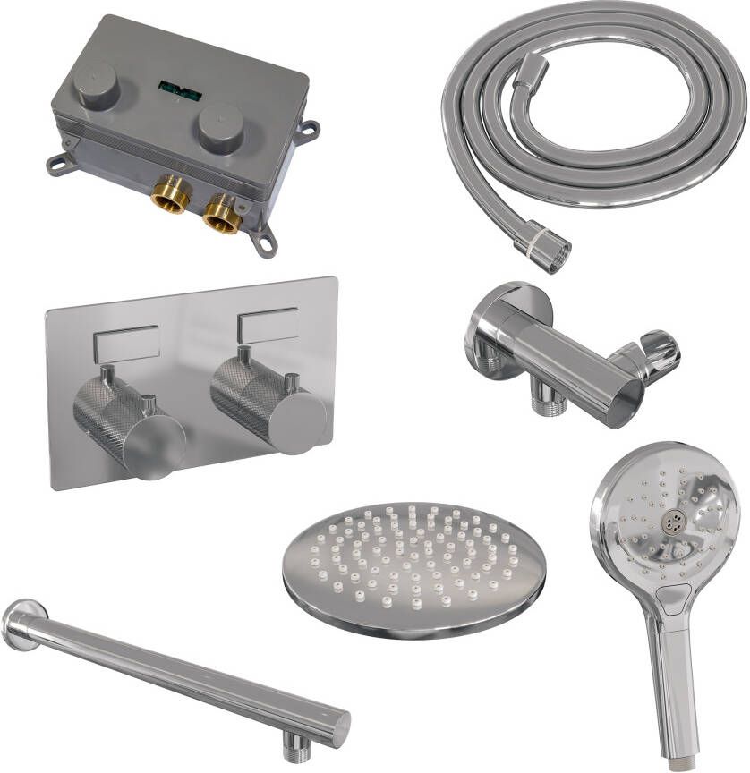 Brauer Chrome Carving thermostatische inbouw regendouche met drukknoppen SET 55 met 20 cm douchekop en rechte muurarm en 3-standen handdouche en doucheslang en wandaansluitbocht chroom