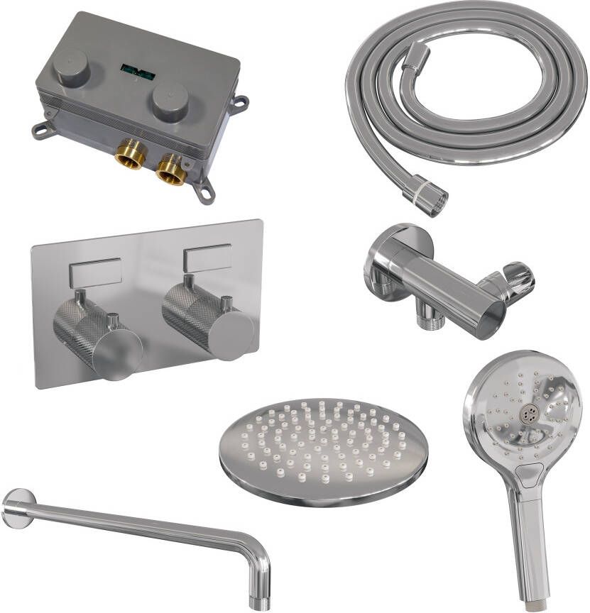 Brauer Chrome Carving thermostatische inbouw regendouche met drukknoppen SET 57 met 20 cm douchekop en gebogen muurarm en 3-standen handdouche en doucheslang en wandaansluitbocht chroom