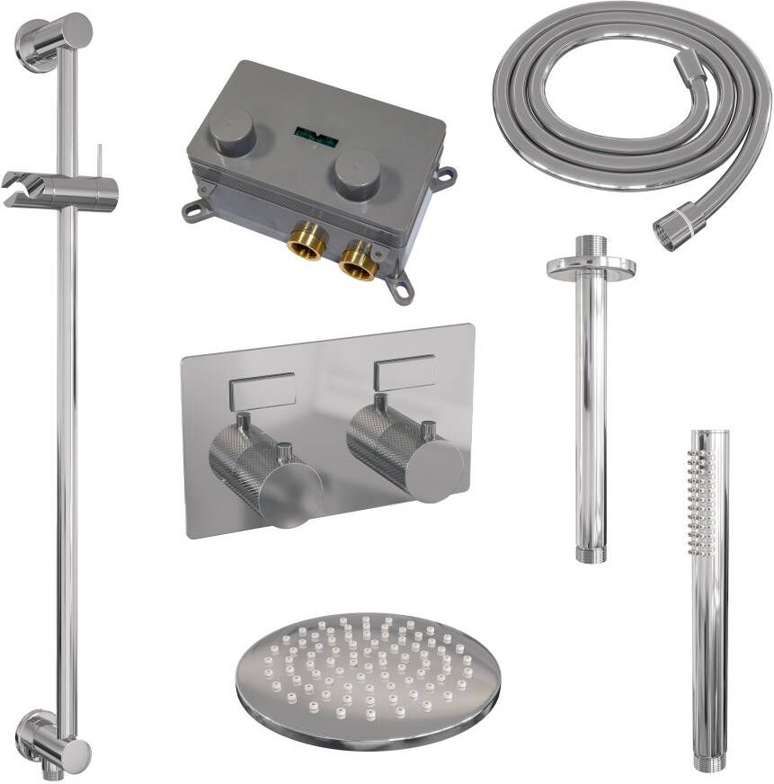 Brauer Chrome Carving thermostatische inbouw regendouche met drukknoppen SET 65 met 20 cm douchekop en plafondarm en staaf handdouche en doucheslang en geïntegreerde glijstang chroom