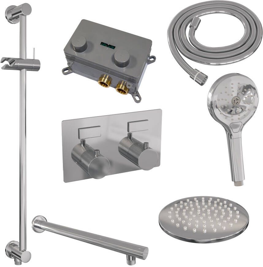 Brauer Chrome Carving thermostatische inbouw regendouche met drukknoppen SET 67 met 20 cm douchekop en rechte muurarm en 3-standen handdouche en doucheslang en geïntegreerde glijstang chroom