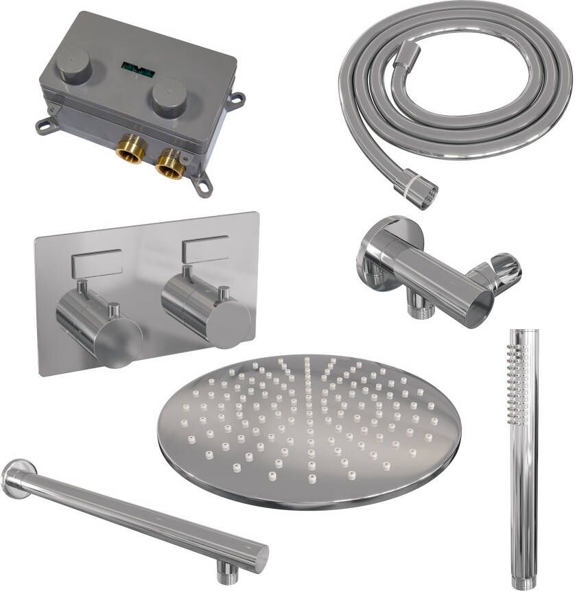Brauer Chrome Edition thermostatische inbouw regendouche met drukknoppen SET 50 met 30 cm douchekop en rechte muurarm en staaf handdouche en doucheslang en wandaansluitbocht chroom