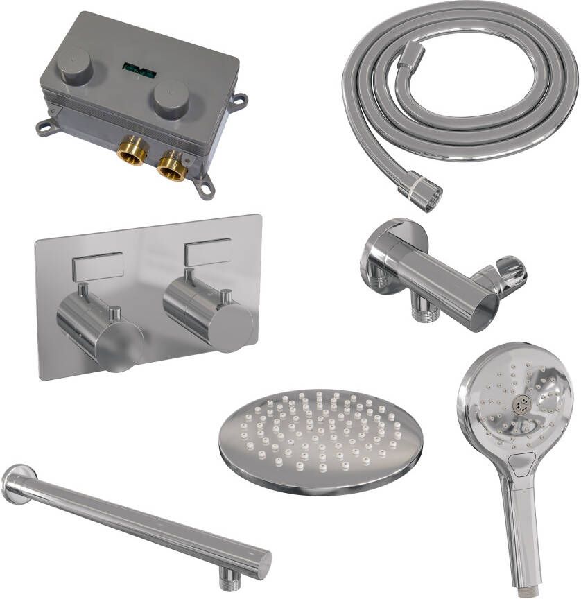 Brauer Chrome Edition thermostatische inbouw regendouche met drukknoppen SET 55 met 20 cm douchekop en rechte muurarm en 3-standen handdouche en doucheslang en wandaansluitbocht chroom