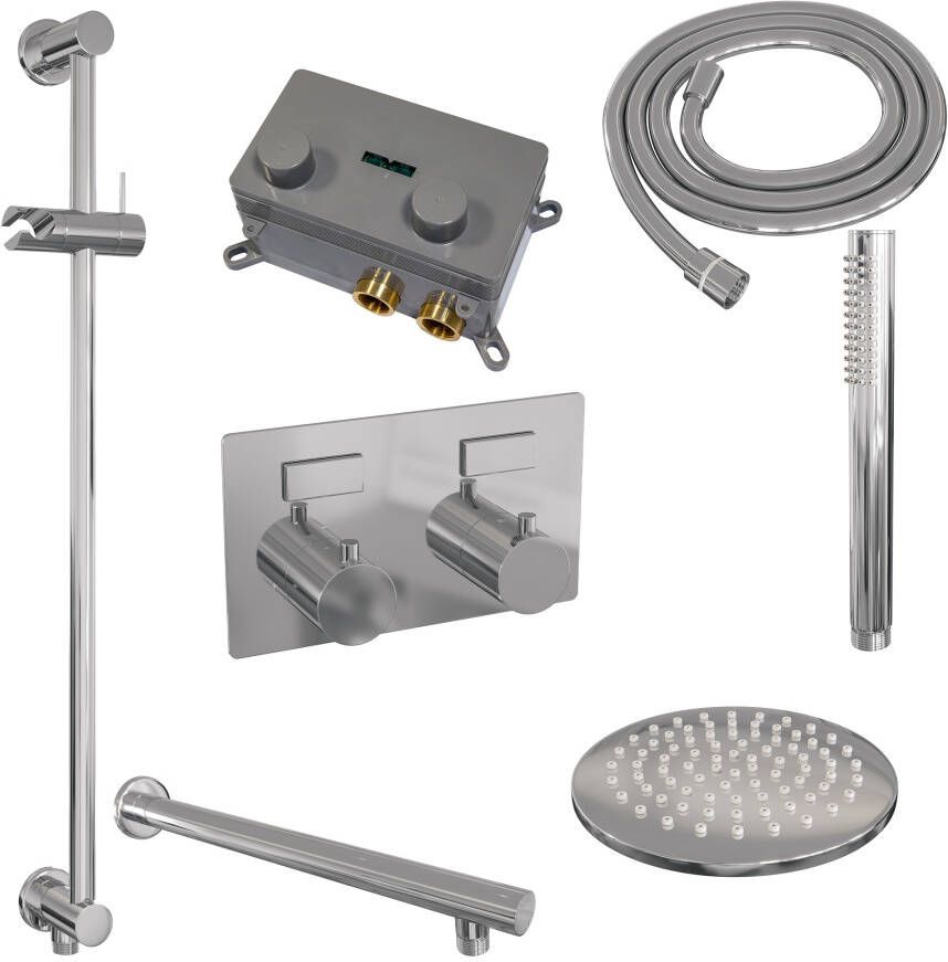 Brauer Chrome Edition thermostatische inbouw regendouche met drukknoppen SET 61 met 20 cm douchekop en rechte muurarm en staaf handdouche en doucheslang en geïntegreerde glijstang chroom