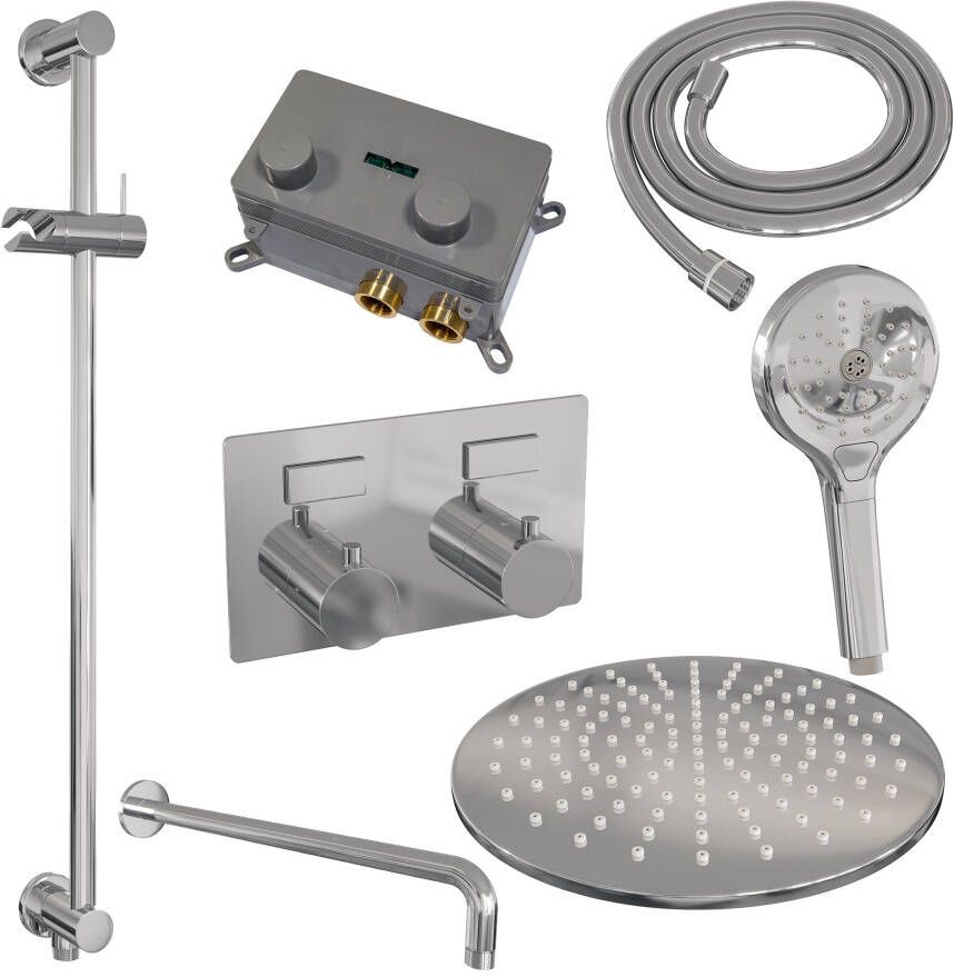 Brauer Chrome Edition thermostatische inbouw regendouche met drukknoppen SET 70 met 30 cm douchekop en gebogen muurarm en 3-standen handdouche en doucheslang en geïntegreerde glijstang chroom