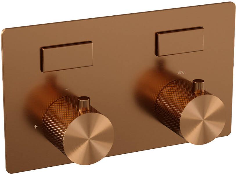 Brauer Copper Carving thermostatische inbouw badkraan met drukknoppen SET 03 met badvulcombinatie en staaf handdouche en doucheslang en wandaansluitbocht koper geborsteld PVD