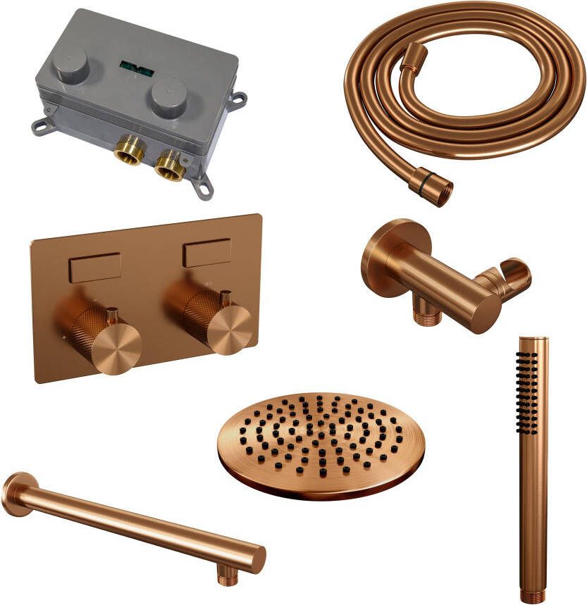 Brauer Copper Carving thermostatische inbouw regendouche met drukknoppen SET 49 met 20 cm douchekop en rechte muurarm en staaf handdouche en doucheslang en wandaansluitbocht koper geborsteld PVD