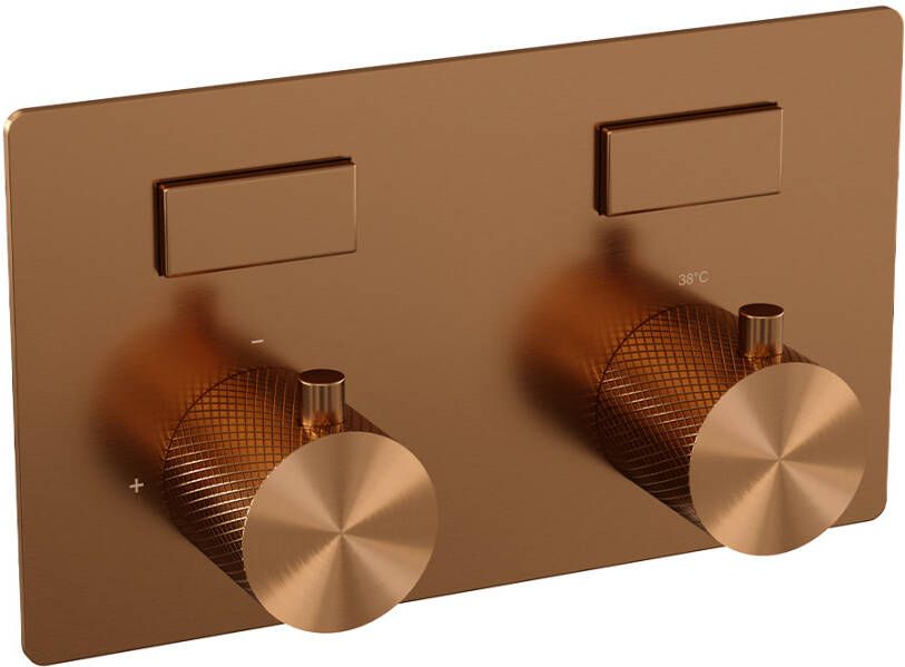 Brauer Copper Carving thermostatische inbouw regendouche met drukknoppen SET 49 met 20 cm douchekop en rechte muurarm en staaf handdouche en doucheslang en wandaansluitbocht koper geborsteld PVD