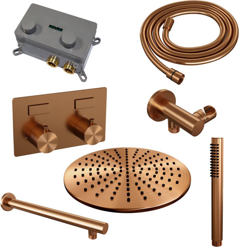 Brauer Copper Carving thermostatische inbouw regendouche met drukknoppen SET 50 met 30 cm douchekop en rechte muurarm en staaf handdouche en doucheslang en wandaansluitbocht koper geborsteld PVD