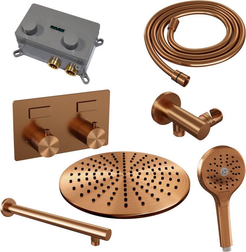 Brauer Copper Carving thermostatische inbouw regendouche met drukknoppen SET 56 met 30 cm douchekop en rechte muurarm en 3-standen handdouche en doucheslang en wandaansluitbocht koper geborsteld PVD