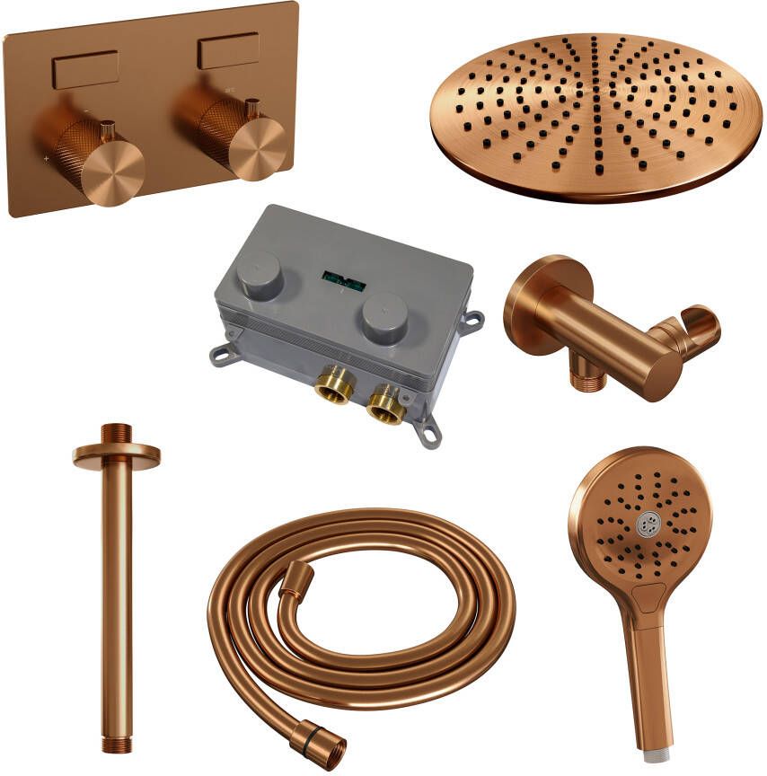 Brauer Copper Carving thermostatische inbouw regendouche met drukknoppen SET 60 met 30 cm douchekop en plafondarm en 3-standen handdouche en doucheslang en wandaansluitbocht koper geborsteld PVD