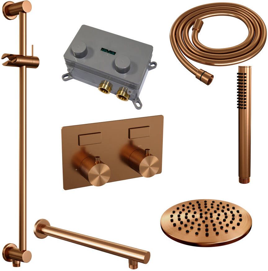 Brauer Copper Carving thermostatische inbouw regendouche met drukknoppen SET 61 met 20 cm douchekop en rechte muurarm en staaf handdouche en doucheslang en geïntegreerde glijstang koper geborsteld PVD