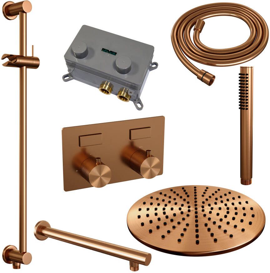 Brauer Copper Carving thermostatische inbouw regendouche met drukknoppen SET 62 met 30 cm douchekop en rechte muurarm en staaf handdouche en doucheslang en geïntegreerde glijstang koper geborsteld PVD