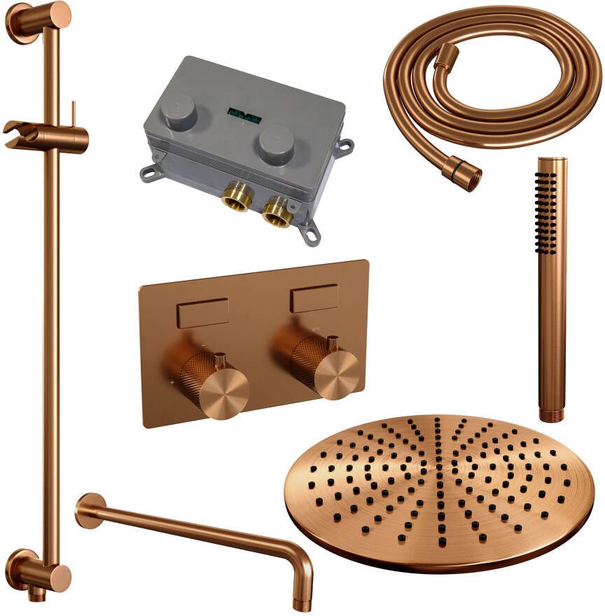 Brauer Copper Carving thermostatische inbouw regendouche met drukknoppen SET 64 met 30 cm douchekop en gebogen muurarm en staaf handdouche en doucheslang en geïntegreerde glijstang koper geborsteld PVD