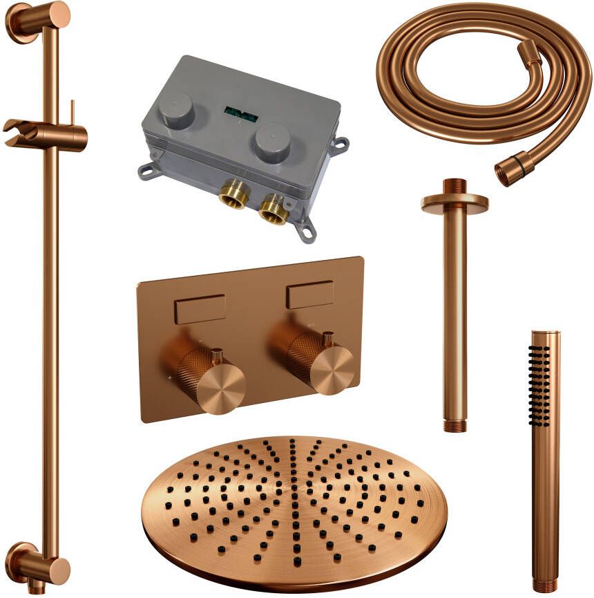 Brauer Copper Carving thermostatische inbouw regendouche met drukknoppen SET 66 met 30 cm douchekop en plafondarm en staaf handdouche en doucheslang en geïntegreerde glijstang koper geborsteld PVD