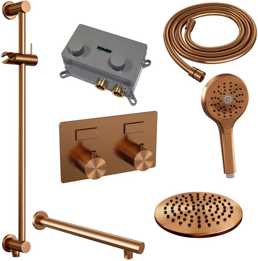 Brauer Copper Carving thermostatische inbouw regendouche met drukknoppen SET 67 met 20 cm douchekop en rechte muurarm en 3-standen handdouche en doucheslang en geïntegreerde glijstang koper geborsteld PVD