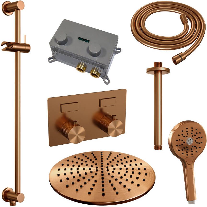 Brauer Copper Carving thermostatische inbouw regendouche met drukknoppen SET 72 met 30 cm douchekop en plafondarm en 3-standen handdouche en doucheslang en geïntegreerde glijstang koper geborsteld PVD