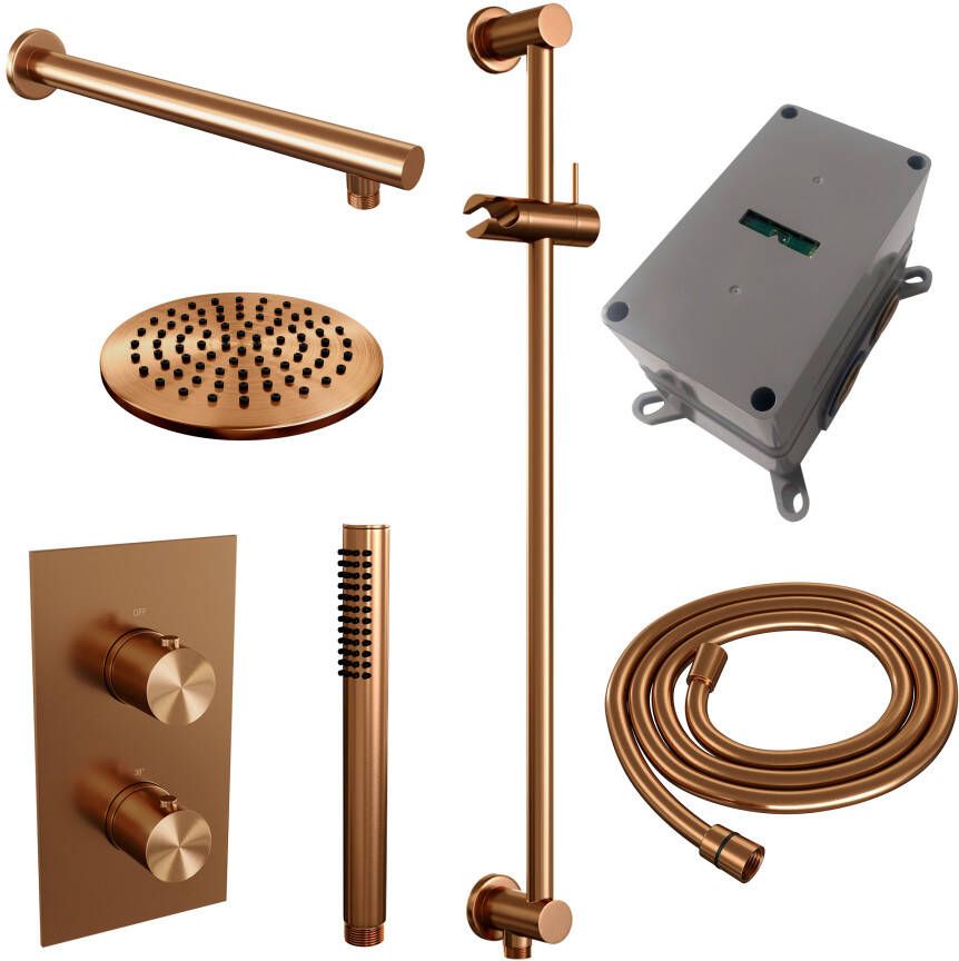 Brauer Copper Edition inbouwset met 3-weg thermostaat hoofddouche 20cm rechte wandarm 40cm staafhanddouche glijstang met aansluitbocht geborsteld koper PVD