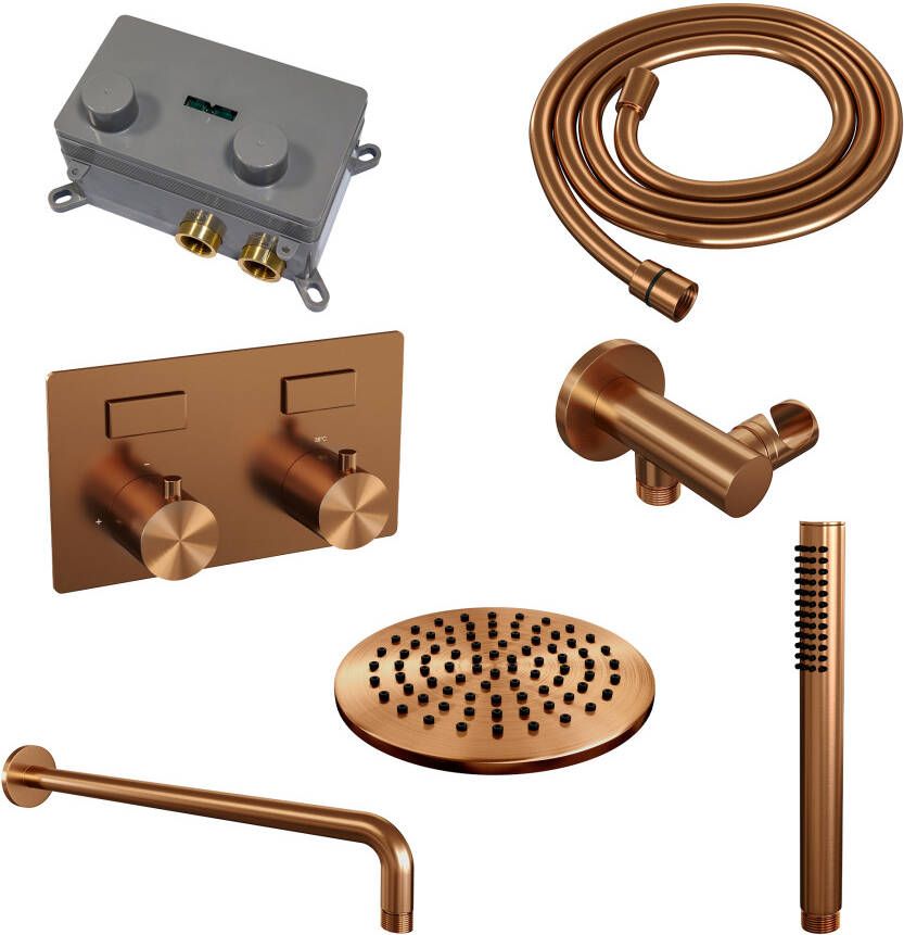 Brauer Copper Edition thermostatische inbouw regendouche met drukknoppen SET 51 met 20 cm douchekop en gebogen muurarm en staaf handdouche en doucheslang en wandaansluitbocht koper geborsteld PVD