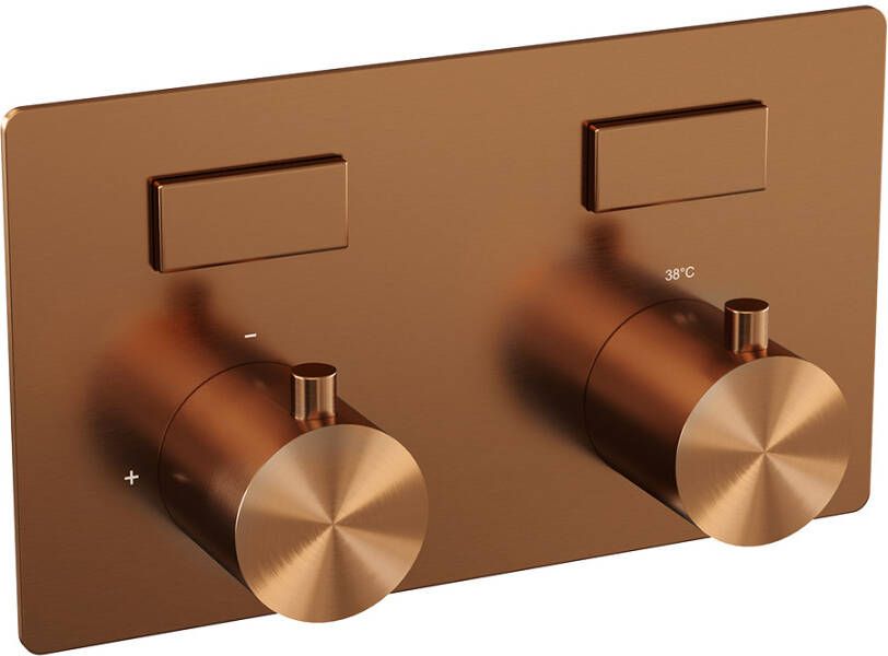 Brauer Copper Edition thermostatische inbouw regendouche met drukknoppen SET 51 met 20 cm douchekop en gebogen muurarm en staaf handdouche en doucheslang en wandaansluitbocht koper geborsteld PVD