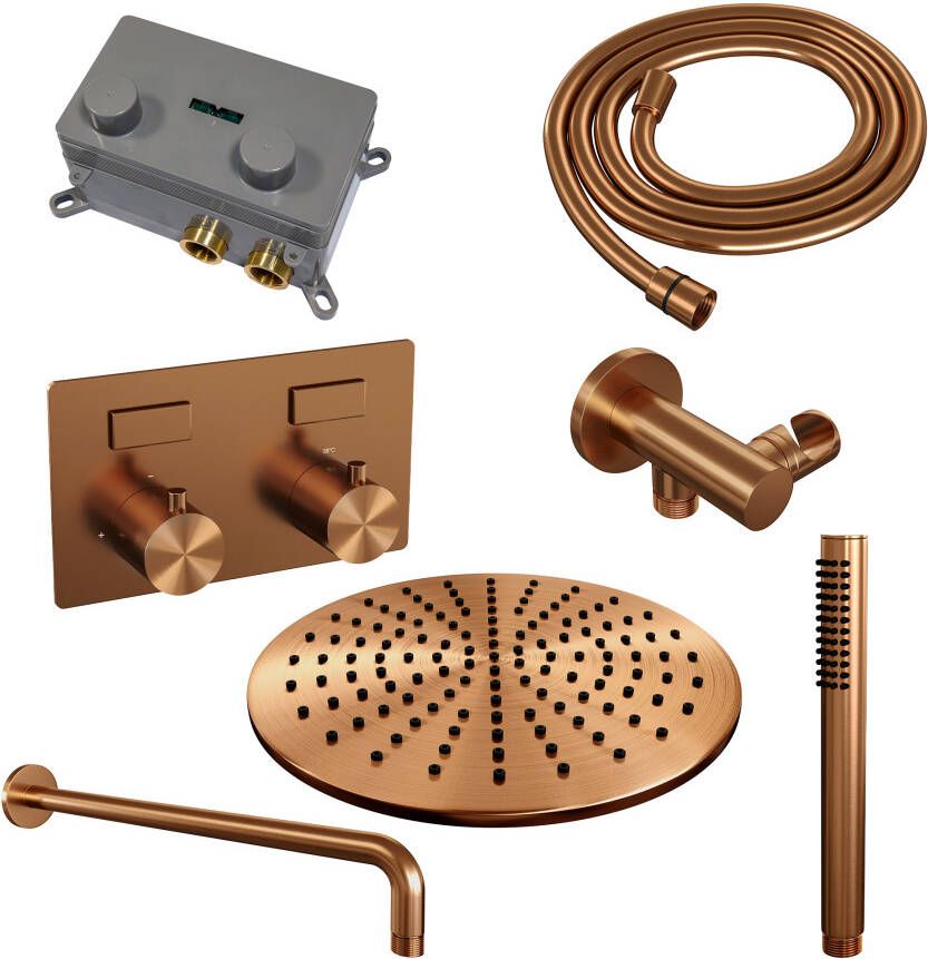 Brauer Copper Edition thermostatische inbouw regendouche met drukknoppen SET 52 met 30 cm douchekop en gebogen muurarm en staaf handdouche en doucheslang en wandaansluitbocht koper geborsteld PVD