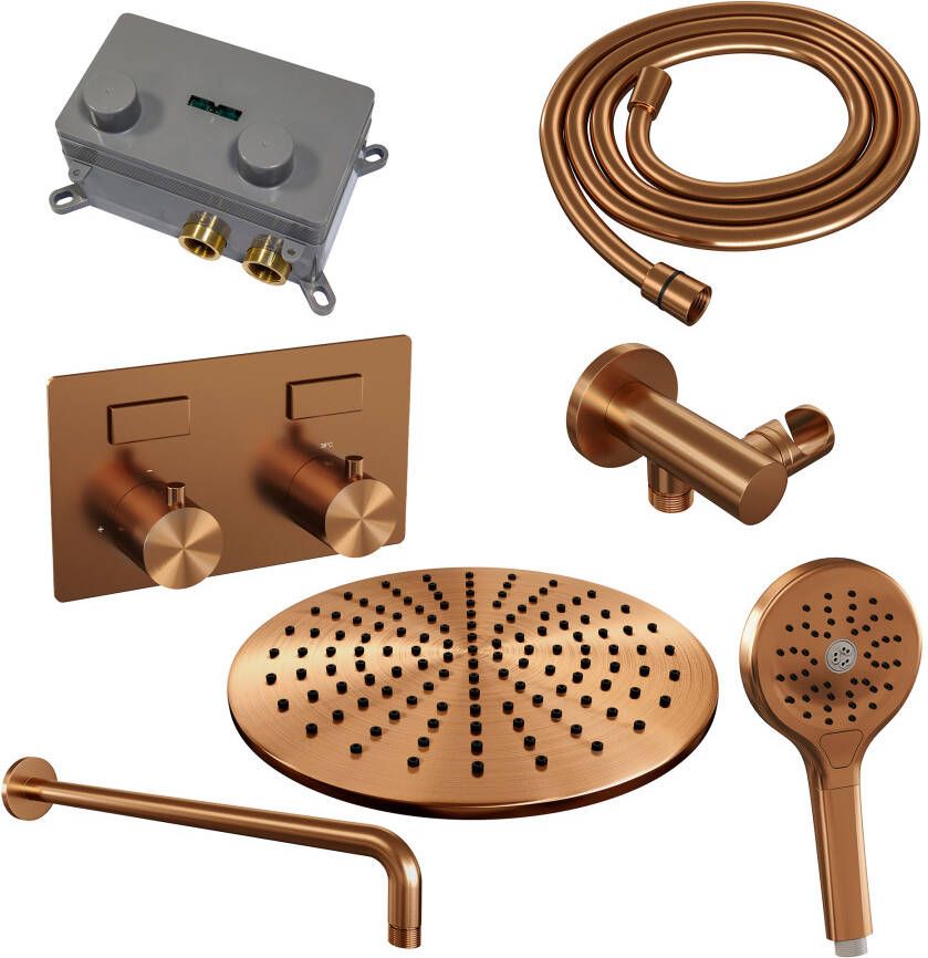 Brauer Copper Edition thermostatische inbouw regendouche met drukknoppen SET 58 met 30 cm douchekop en gebogen muurarm en 3-standen handdouche en doucheslang en wandaansluitbocht koper geborsteld PVD