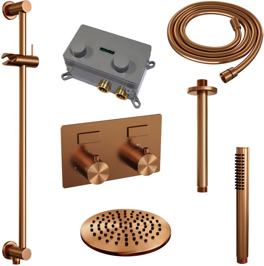 Brauer Copper Edition thermostatische inbouw regendouche met drukknoppen SET 65 met 20 cm douchekop en plafondarm en staaf handdouche en doucheslang en geïntegreerde glijstang koper geborsteld PVD