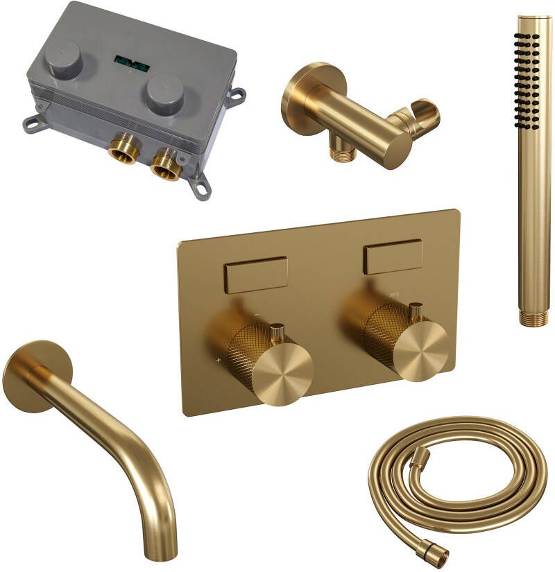 Brauer Gold Carving thermostatische inbouw badkraan met drukknoppen SET 03 met uitloop en staaf handdouche en doucheslang en wandaansluitbocht goud geborsteld PVD