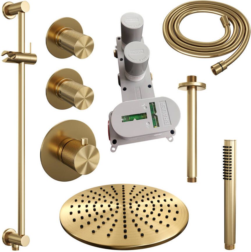 Brauer Gold Carving thermostatische inbouw doucheset hoofddouche 30cm plafondbuis staafhanddouche met glijstang goud geborsteld PVD