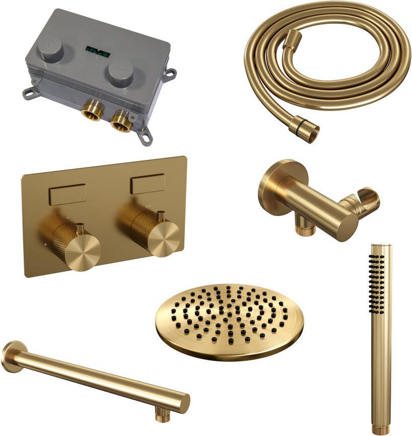 Brauer Gold Carving thermostatische inbouw regendouche met drukknoppen SET 49 met 20 cm douchekop en rechte muurarm en staaf handdouche en doucheslang en wandaansluitbocht goud geborsteld PVD