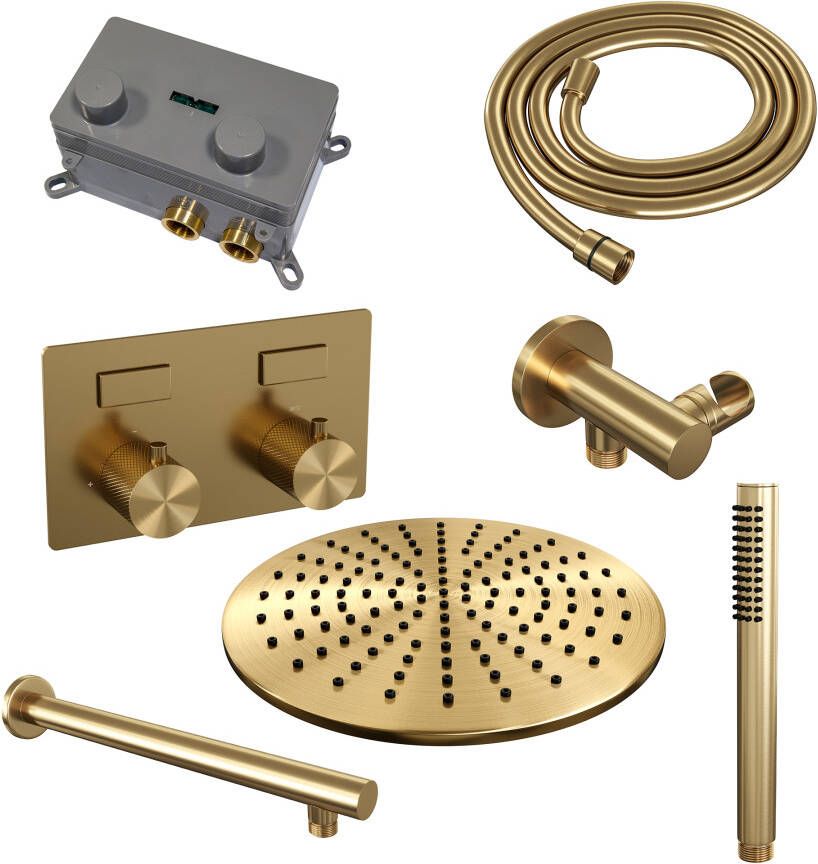 Brauer Gold Carving thermostatische inbouw regendouche met drukknoppen SET 50 met 30 cm douchekop en rechte muurarm en staaf handdouche en doucheslang en wandaansluitbocht goud geborsteld PVD