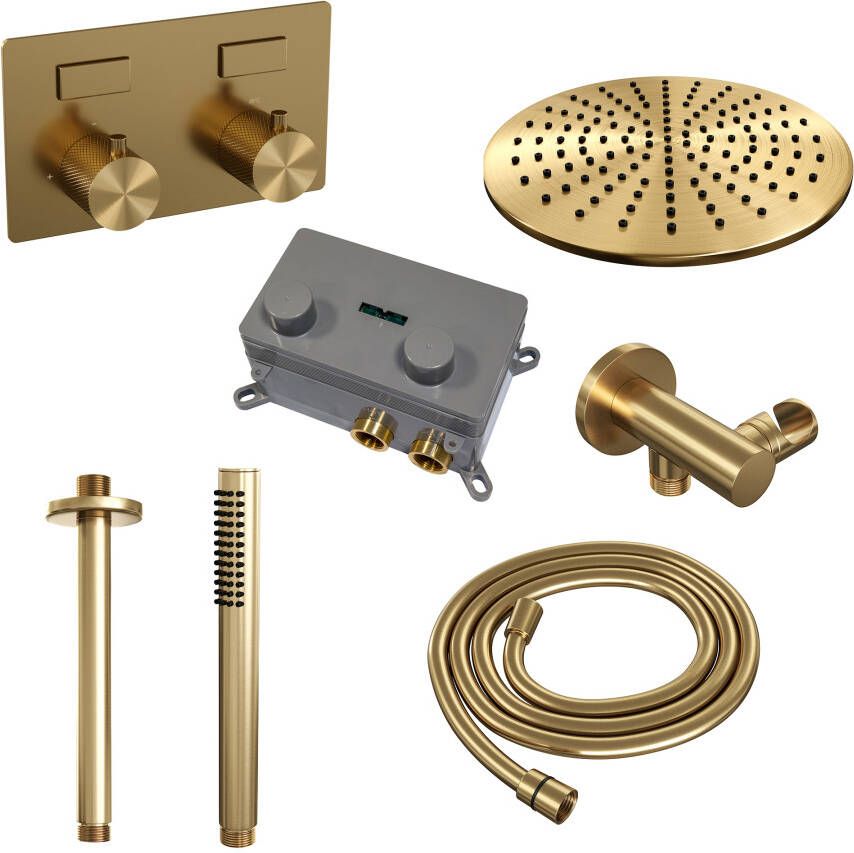 Brauer Gold Carving thermostatische inbouw regendouche met drukknoppen SET 54 met 30 cm douchekop en plafondarm en staaf handdouche en doucheslang en wandaansluitbocht goud geborsteld PVD